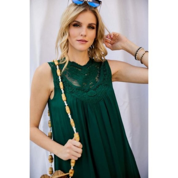 Davi & Dani Boho Laced Mock Neck Dress Green - Picture 3 of 9